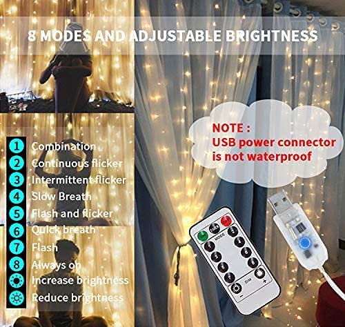 DesiDiya ® 8 Modes Curtain Lights 300 LEDs 10 Fairy Light 3Mtr Each Indoor/Outdoor Decoration for Diwali, Christmas, Wedding, Party, Home, Patio Lawn with Remote and USB Power Supply (Warm White)