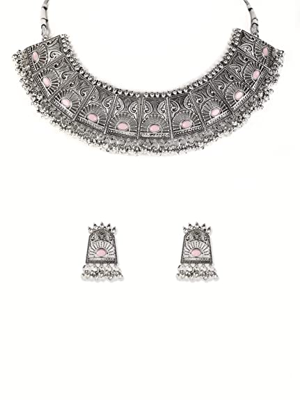 Jazz And Sizzle Pink Stones Studded Oxidised Silver Plated Necklace Set With Earrings for Girls and Women- Set of 1
