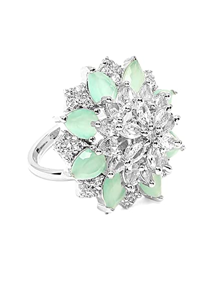 Yellow Chimes Rings for Women American Diamond Ring Rhodium-Plated Pestal Green AD-Studded Floral Finger Ring For Women and Girls.