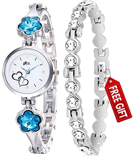 Acnos Flower Stone Blue Diamond Silver Bengle with 3 Diffrent Silver Bracelet for Girls and Women Pack of - 2