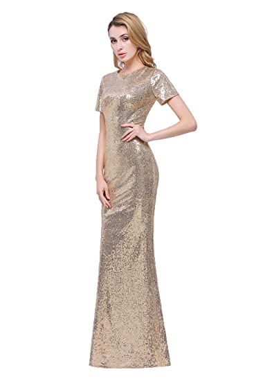 honey qiao Short Sleeves Bridesmaid Dresses Long Sequins High Back Sequence Evening Party Gowns