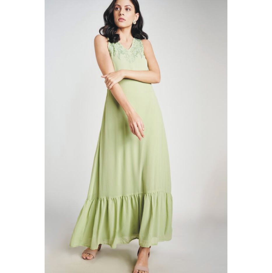 Sage Green Embroidered V-Neck A-Line Maxi Gown
