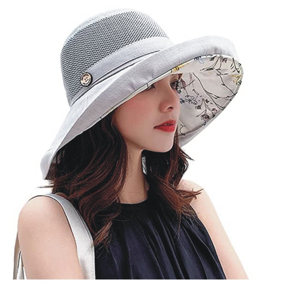 PALAY® UV Protect Sun Wide Brim Hats for Women, Summer Breathable Casual Mesh Cotton Foldable Bucket Hat (Grey)