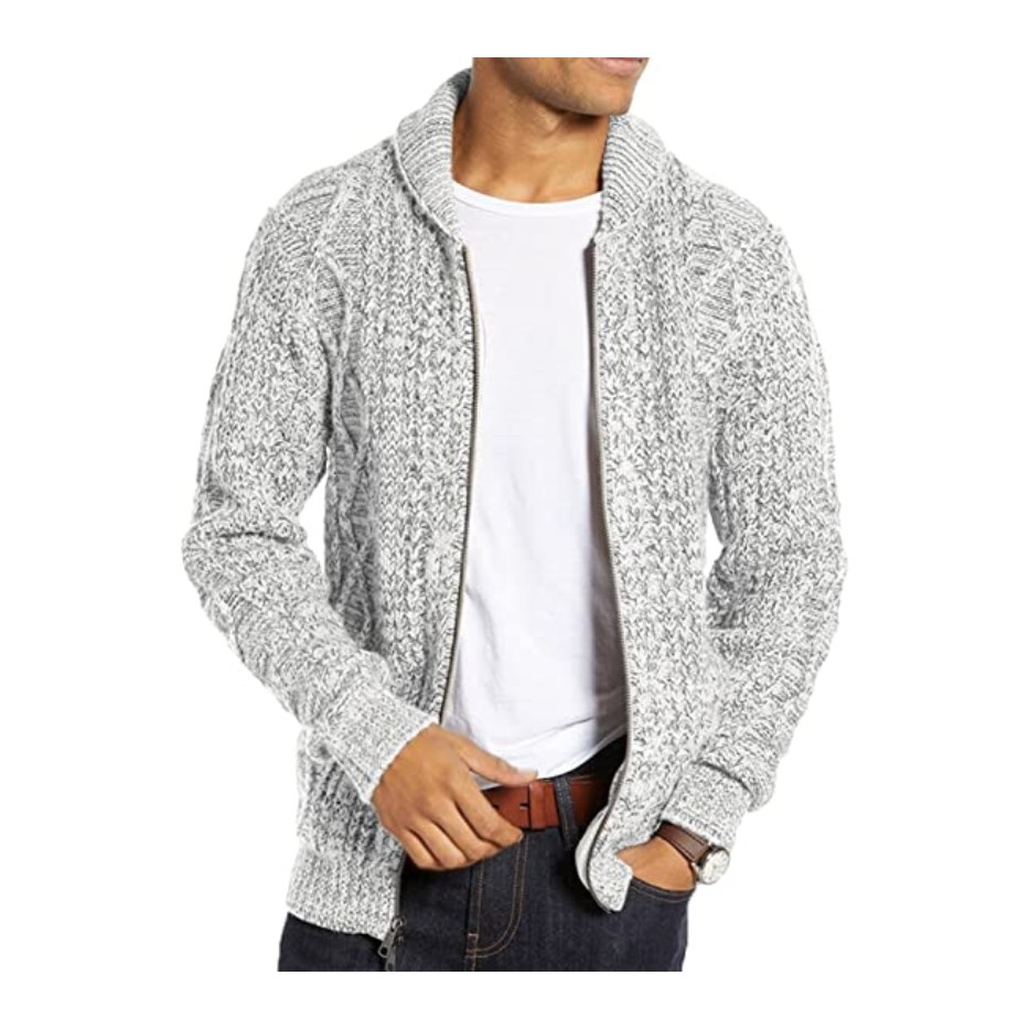 Ryannology Mens Shawl Neck Cardigan Sweater Cable Knit Zip Up Closure with Pockets Winter Jacket Outerwear