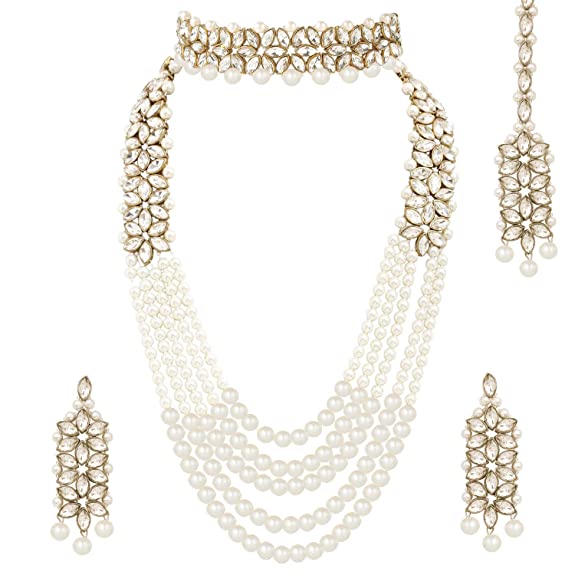 Peora Gold Plated Crystal Pearl Wedding Bridal Necklace Jewellery Set with Earring Maang Tikka for Women Girls