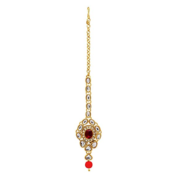 Peora Kundan Pearl Maroon Layered Long Jewellery Necklace Set with Earring Maang Tikka Earrings for Women