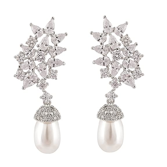 Ratnavali Jewels Fashion Jewellery Silver Plated Red Green American Diamond CZ Pearl Dangle & Drop Earrings Women/Girls