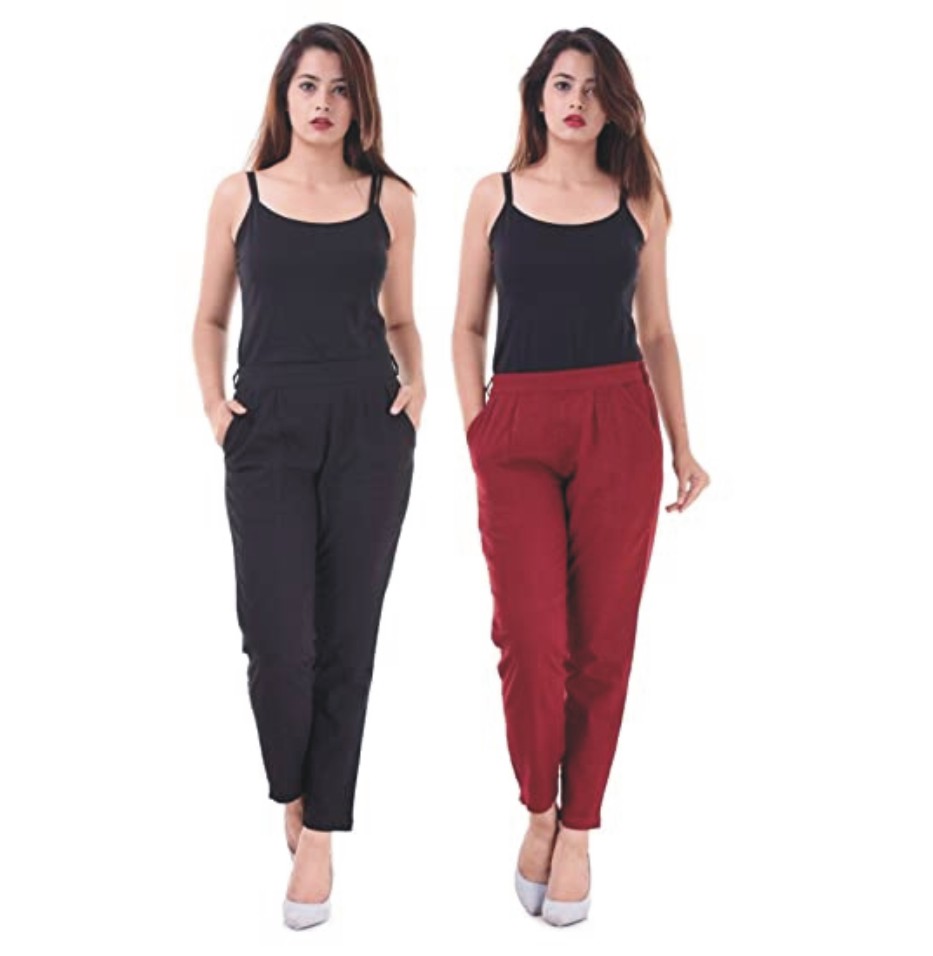 Real Bottom Women Slub Cotton (Black, Maroon) (Pack of 2) Solid Pant