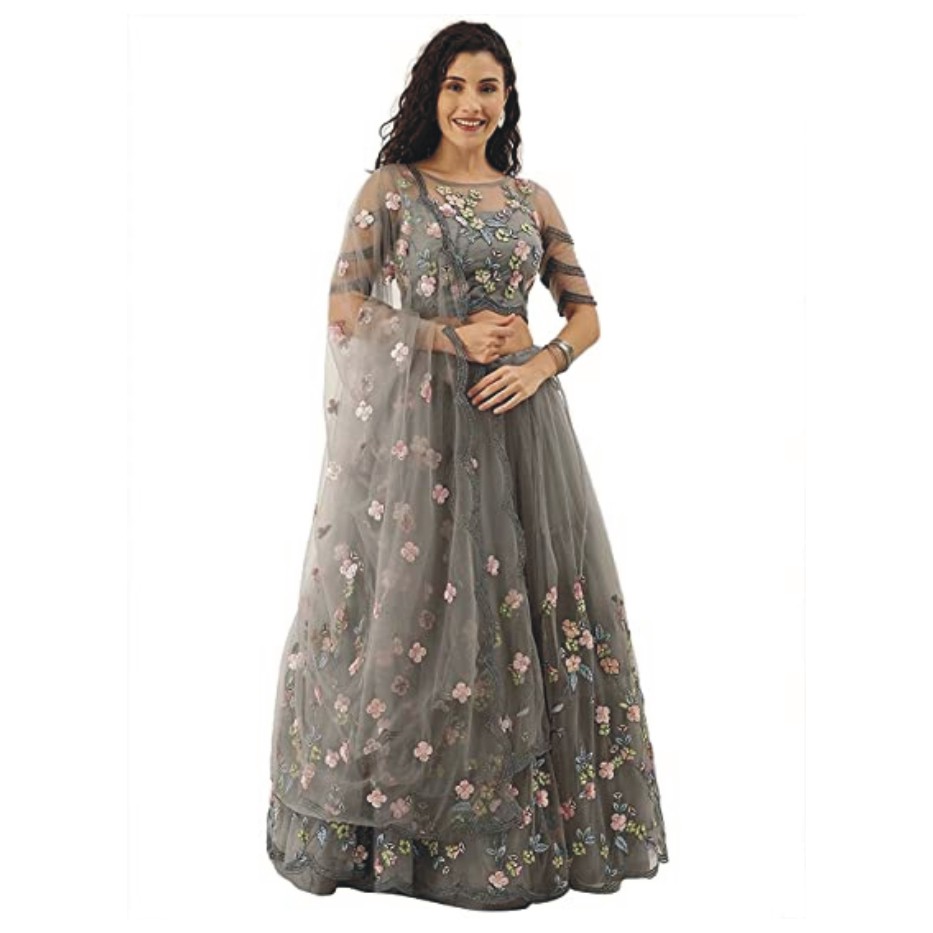 Creative Creation Women's Net Embroidered Lehenga Choli And Dupatta Set (Free Size)