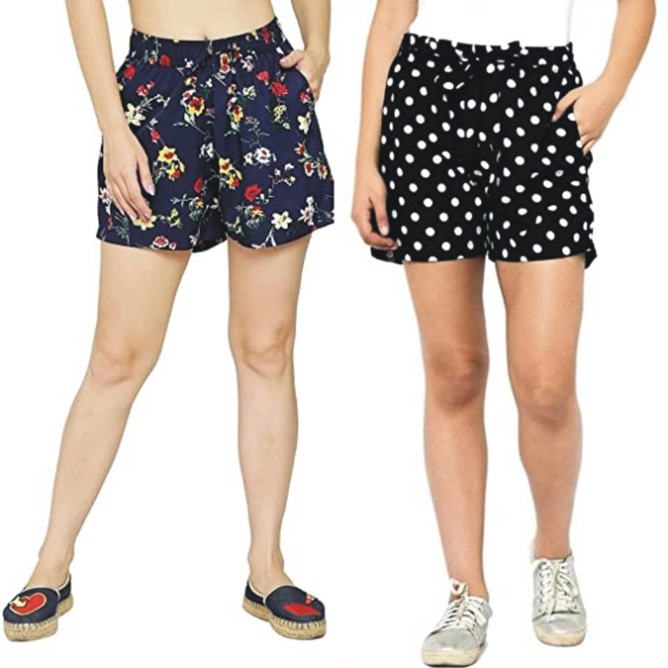 My Swag Women's Black Checkered & Star Print Regular & Night wear Combo Shorts Pack of 2