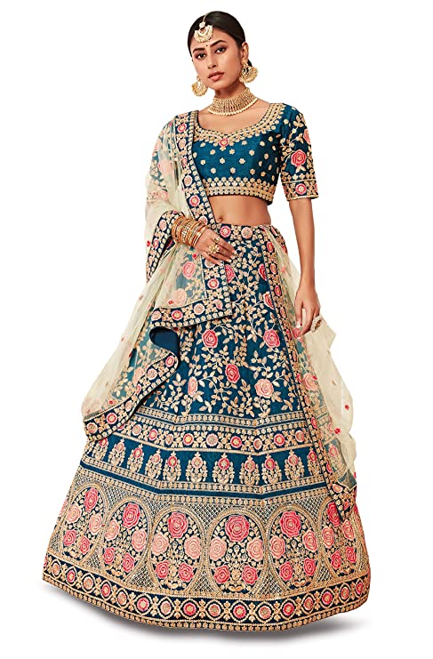 Zeel Clothing Women's Embroidered Art Silk Semi-Stitched Lehenga Choli for Women(7703-Wedding-Bridal-Latest-Lehenga-New_Blue)