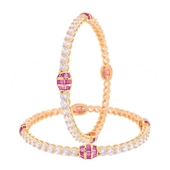 Ratnavali Jewels Gold Plated Red White American Diamond Baguette Traditional Bangle for Women Girls Party 4022R