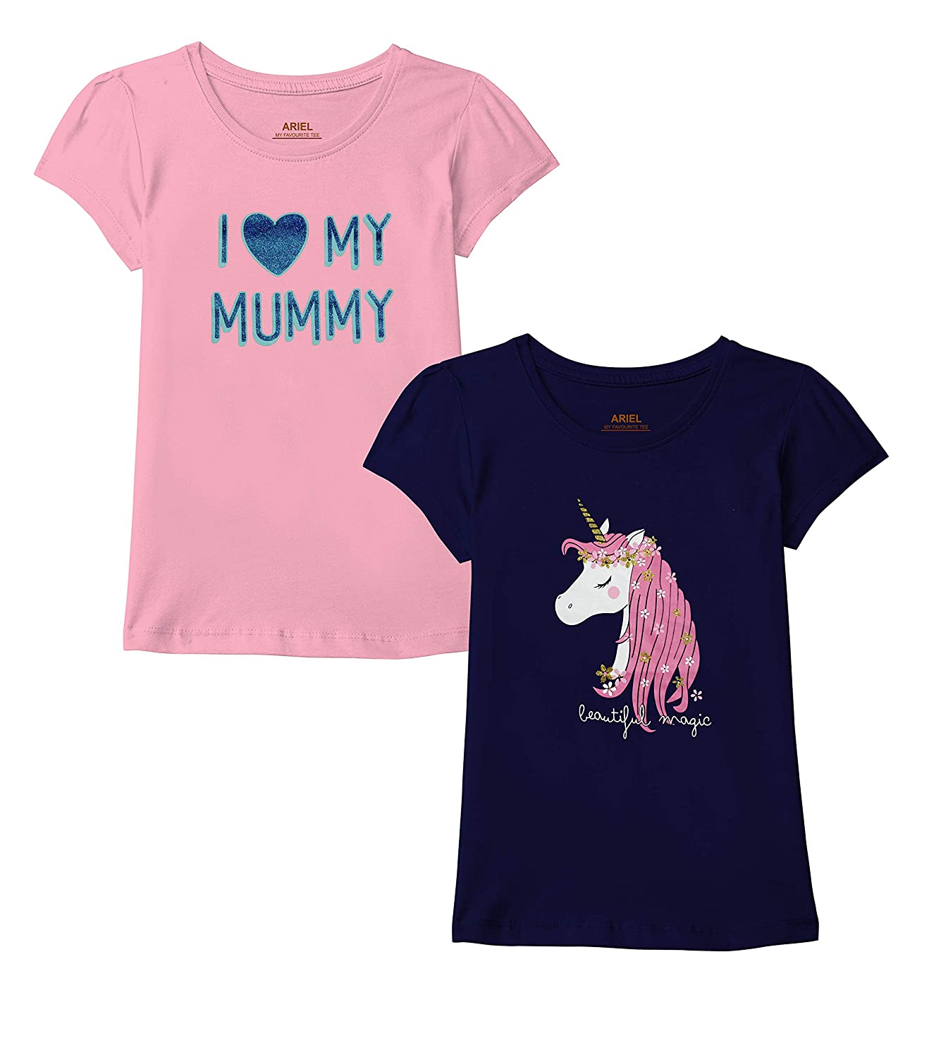 ARIEL Girls Regular Fit Half Sleeves Tshirt (Pack of 2)