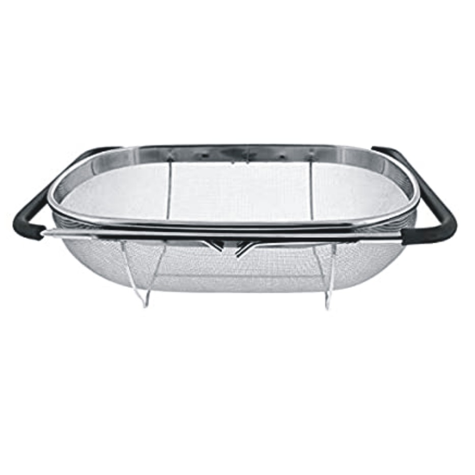 Stainless Steel Adjustable Colander Strainer 13.4X 9.4" Nonslip Handles Drain Over The Sink Colander Basket Vegetable Fruit Noodles Strainer for Rice Vegetable Fruits and Noodls