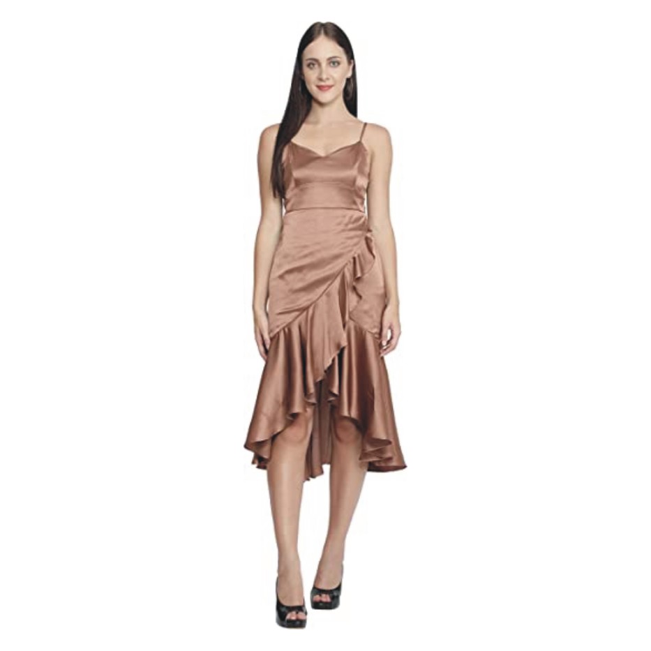 NUEVOSDAMAS Women Satin Lycra Solid Designer Dress | Latest Western Warp Frill Dress for Women | Slim Fit Sweetheart Neck | Stylish Summer Adjuster Stripe Dresses_ Maroon/Beige/Brown/Black/
