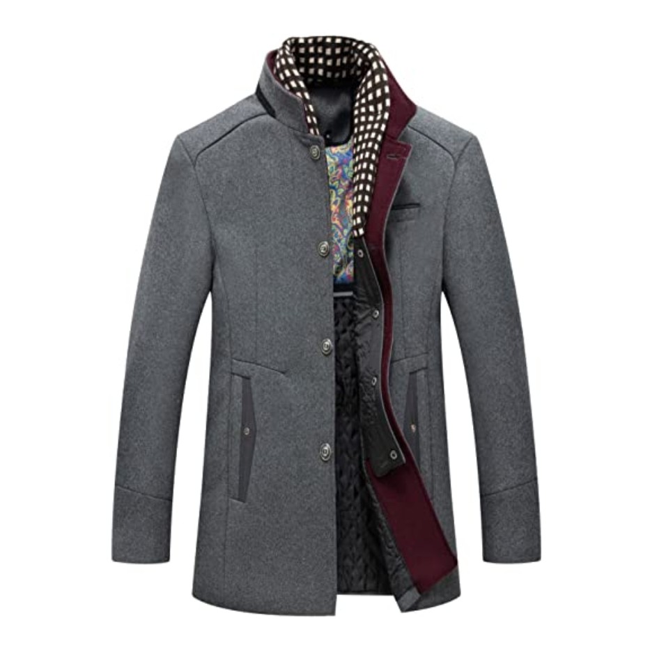 Chouyatou Men's Gentle Band Collar Single Breasted Wool Blend Pea Coat