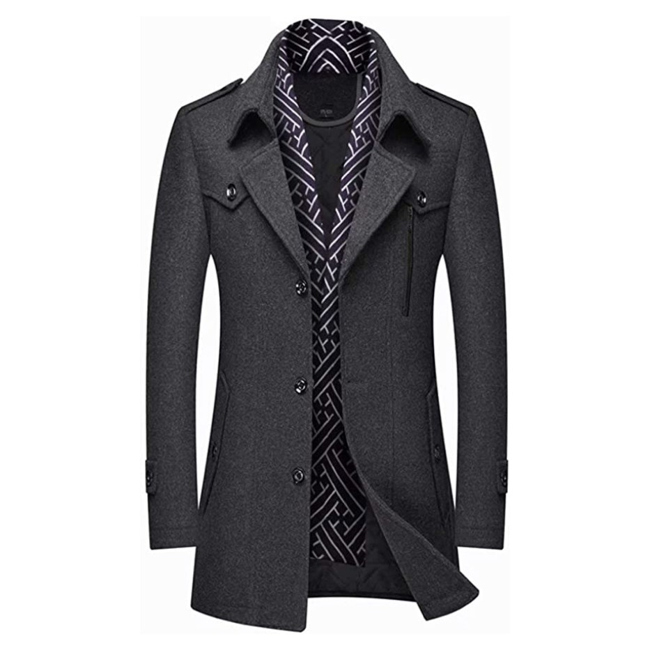 INVACHI Men's Single breasted Mid-length Winter Woolen Business Coat with Free Detachable Soft Touch Wool Scarf