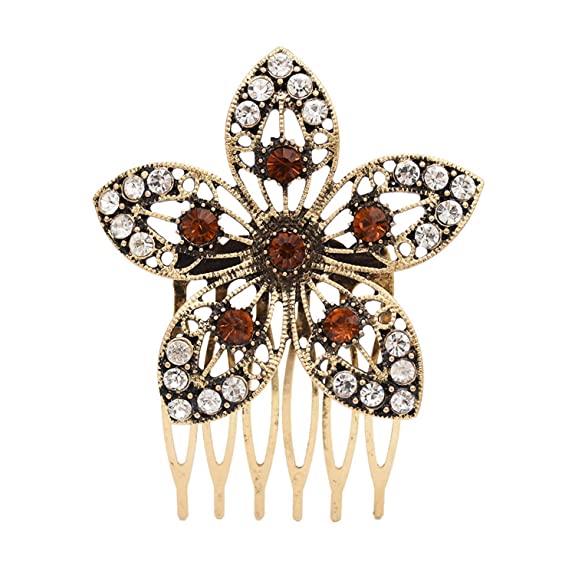 Young & Forever Antique Gold Brown Crystal Flower Hair pins Hair Clips Hair Comb for Girls Fancy Diamond Hair Accessories for Women