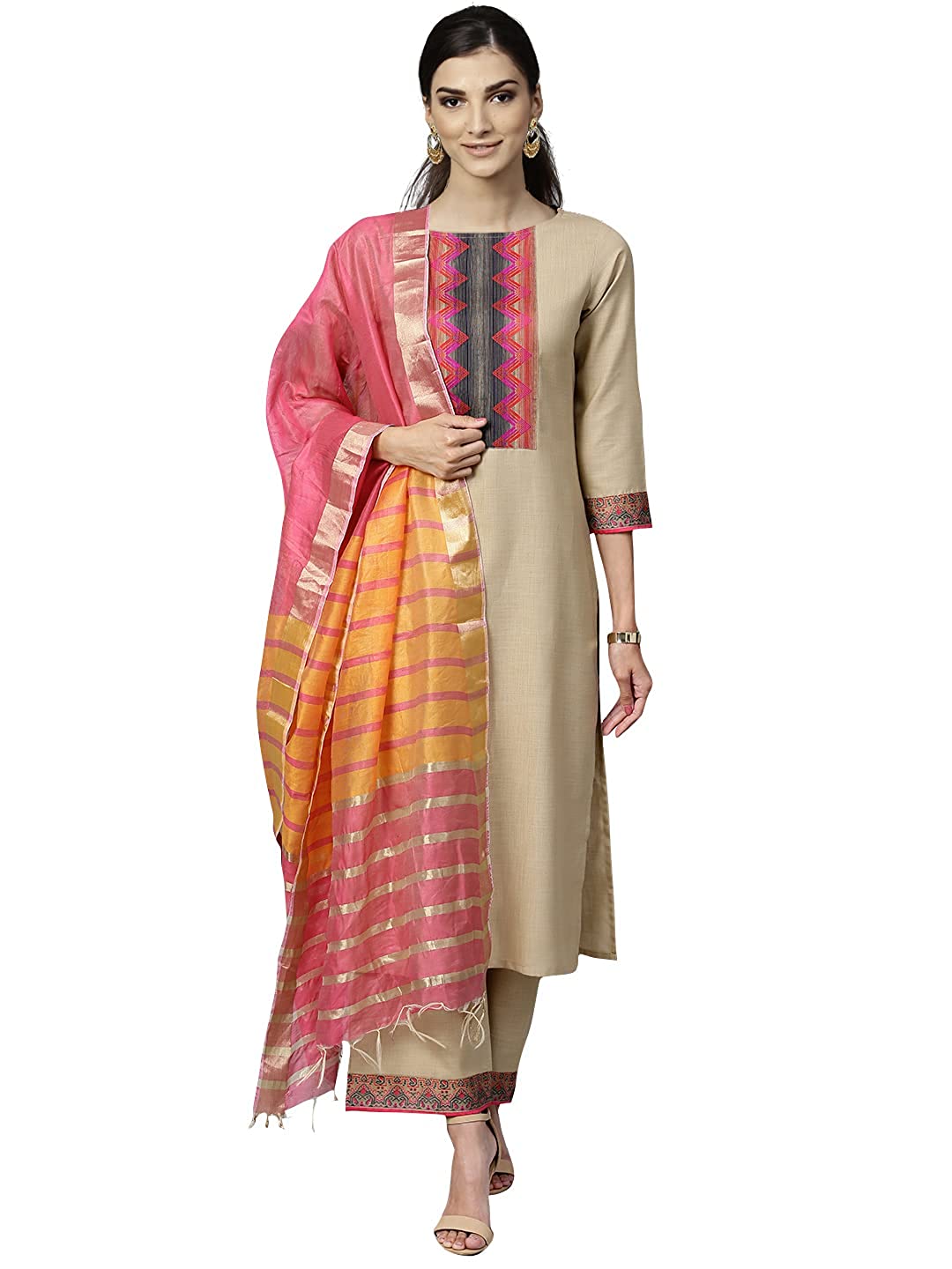 INDO ERA Women's Pure Cotton Solid Straight Kurta Palazzo With Dupatta Set (IE10KS4BE1096)