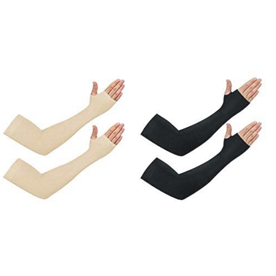 UV Protection Lets Slim Cooling Arm sleeves Cover for Men Women, Gloves with Thumb Hole for Biking, Scooty and sports (Multicolour; Free Size)(Color : Black and Beige)