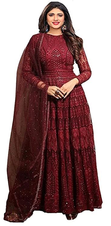 Ethnic Yard Women's Georgette Semi Stitched Anarkali Gown(SSEY-F1349_Red_Free Size)