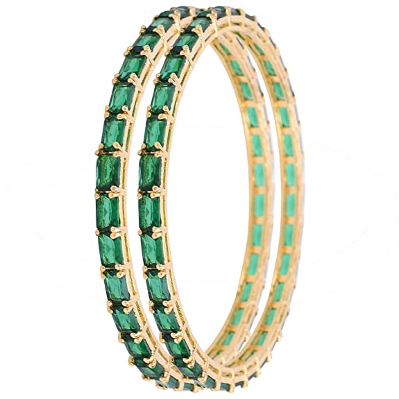 Ratnavali Jewels Gold Plated Green AAA CZ American Diamond Bangle Bracelet for Women Girls Party RV3388G