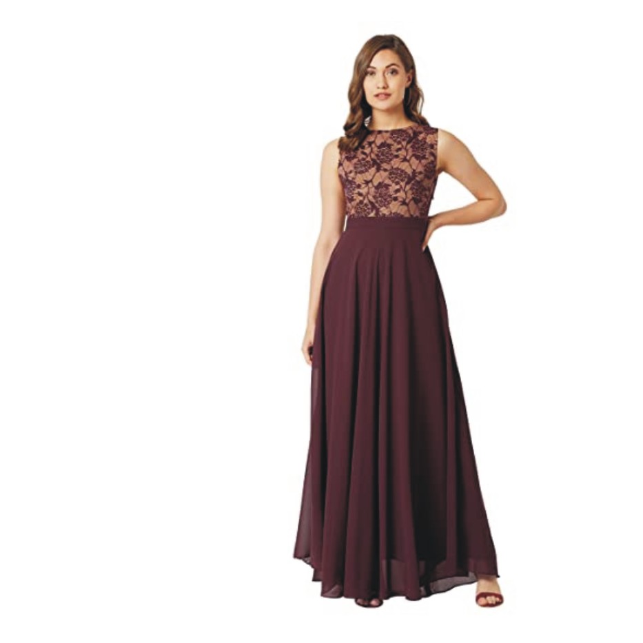 Miss Chase Women's Lavender Round Neck Sleeveless Solid Lace Overlaid Maxi Dress