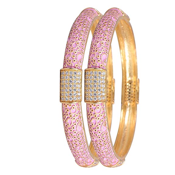 Ratnavali jewels American Diamond CZ Gold Plated Pink Meena Enamel White Bangles for Women/Girls RV3194P