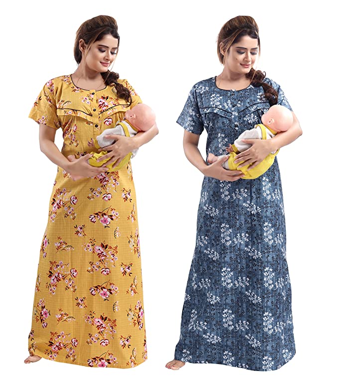 momley Women's Cotton All Over Print Maxi Maternity/Feeding Nighty (Pack of 2)