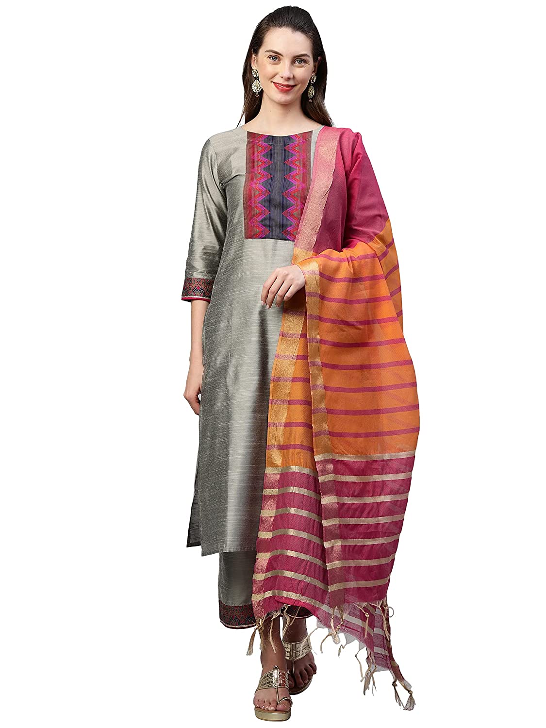 INDO ERA Women's Pure Cotton Solid Straight Kurta Palazzo With Dupatta Set (IE10KS4BE1096)