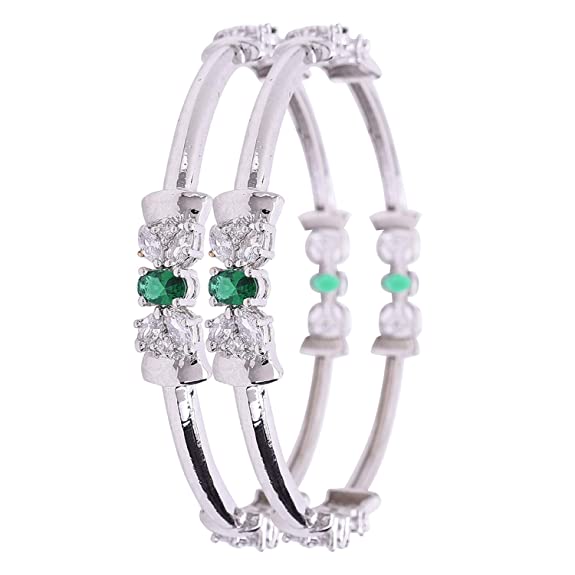 Ratnavali Jewels Silver Plated Green White AAA CZ American Diamond Bangle Bracelet for Women Girls Party 4023G-W