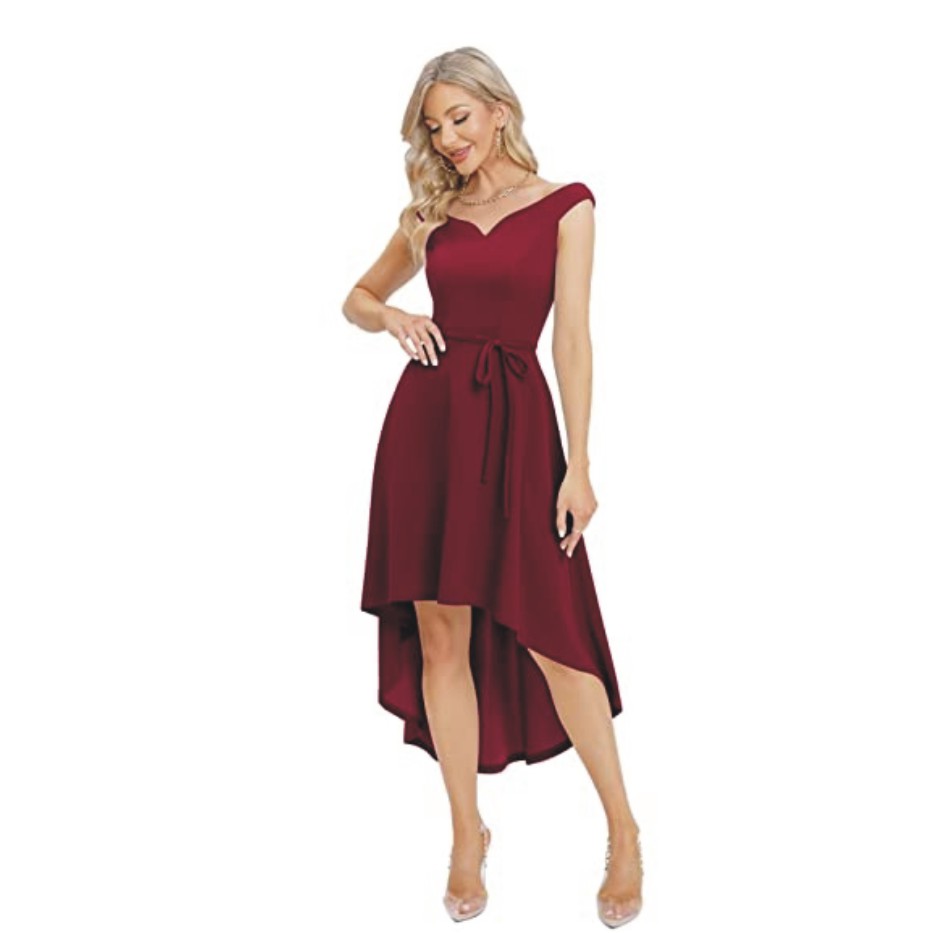 DRESSTELLS Vintage Prom Dress Off Shoulder Hi-Lo Bridesmaid Dress Wedding Guest Dresses for Women, Burgundy, Large