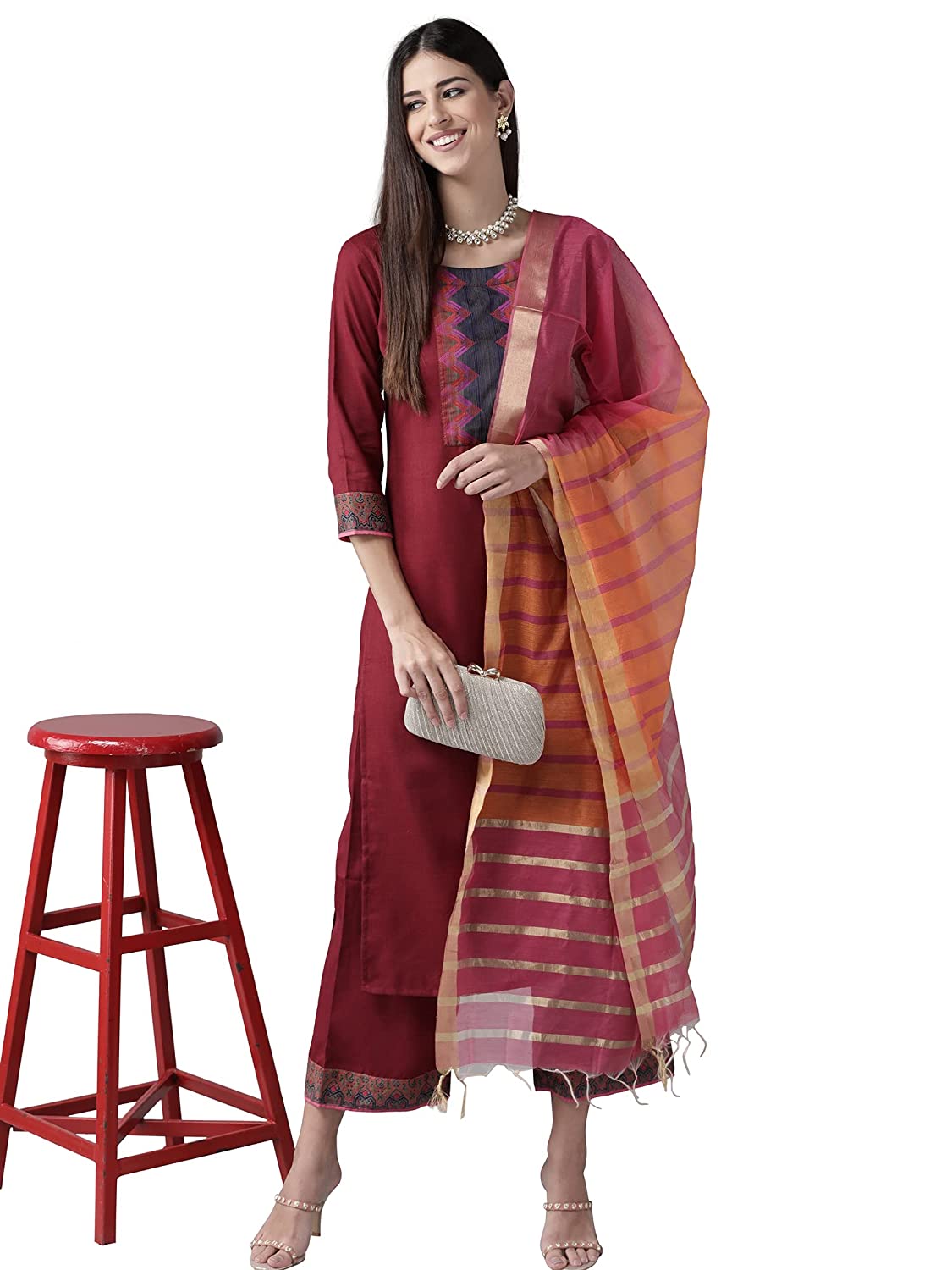 INDO ERA Women's Pure Cotton Solid Straight Kurta Palazzo With Dupatta Set (IE10KS4BE1096)