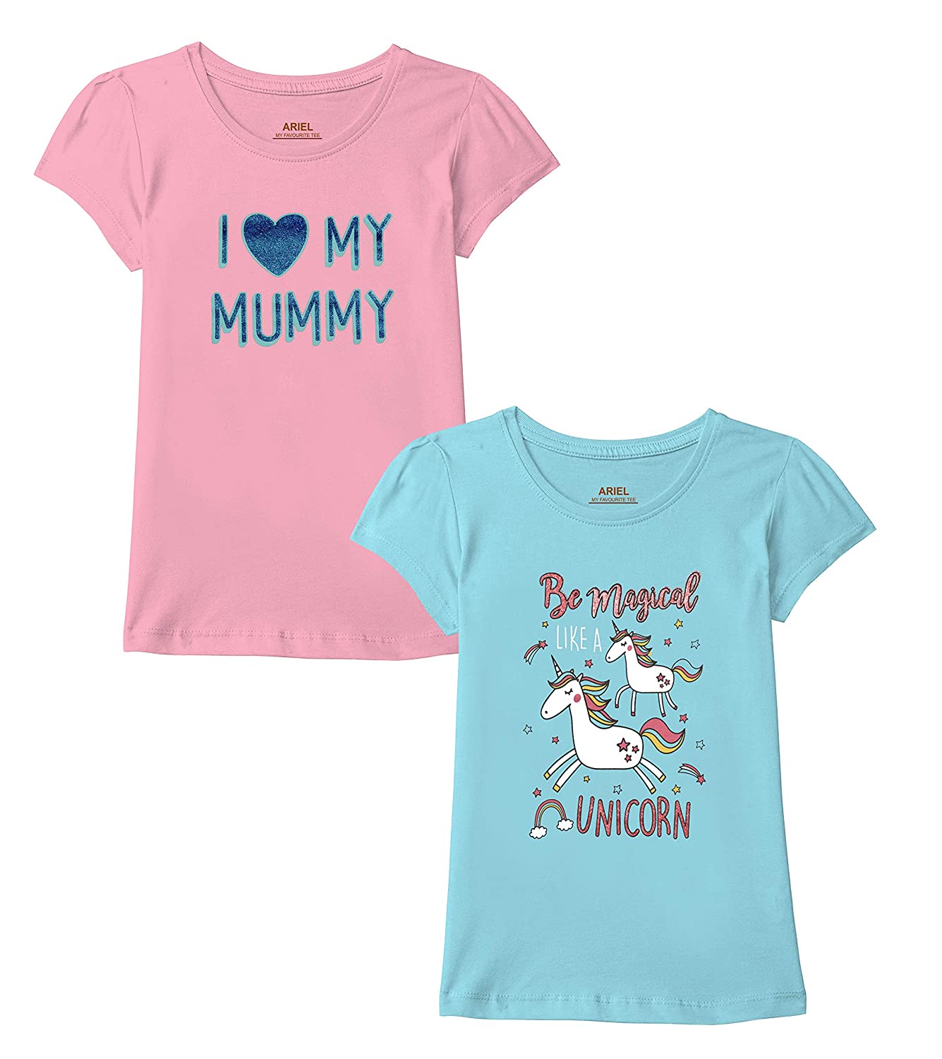 ARIEL Girls Regular Fit Half Sleeves Tshirt (Pack of 2)