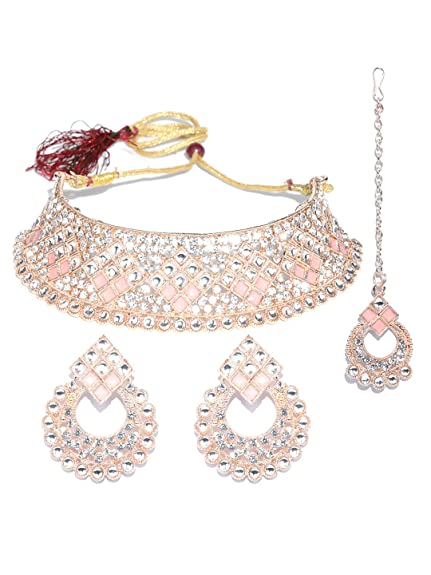 Priyaasi Pink Kundan Stones Rose Gold Plated Choker Set with MaangTikka