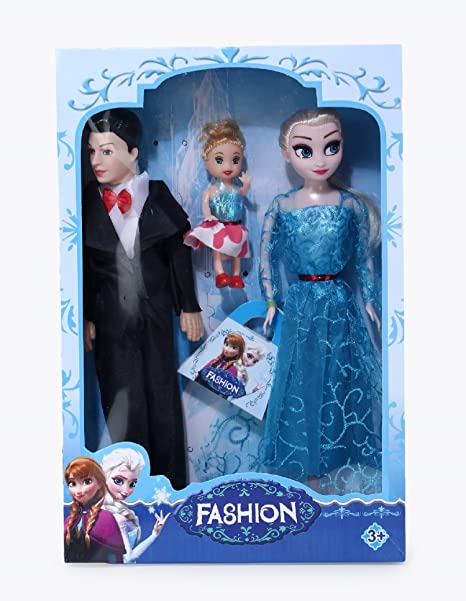 Rollick Blue Princess Doll Couple and Kid for Pretend Play - Set of 3 Movable Dolls with Foldable Hands for Girls Doll House Set - Pretty and Cute Doll with Accessory for Girl Kid Age 3+